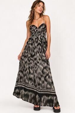 Y2K She’s Cool Maxi Dress M Black Gray Abstract Print Smocked Empire Boho Ikat